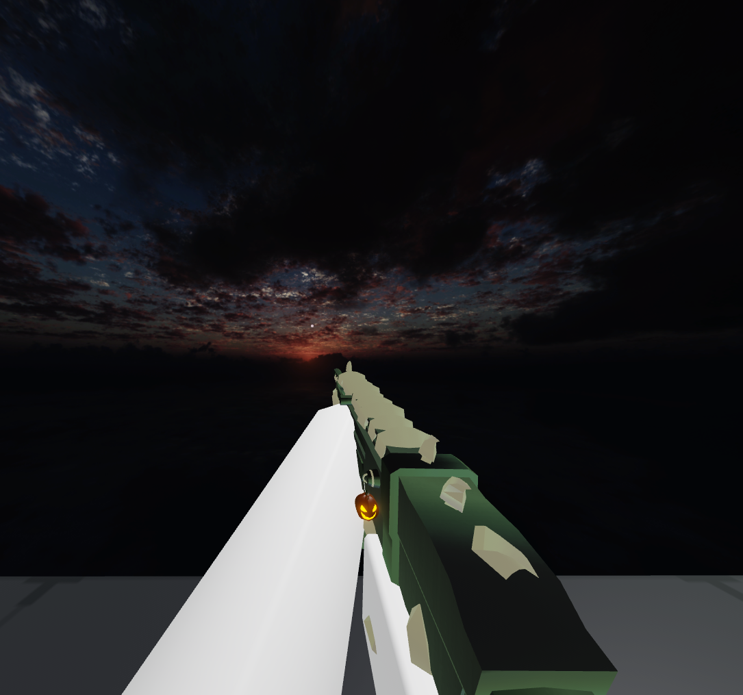 In-game view of a dark clouded sunset sky with a green weapon and a glowing pumpkin charm
