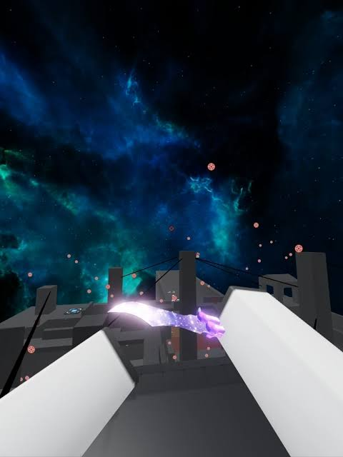 In-game view with a blue and teal nebula sky, dark buildings and a glowing purple blade