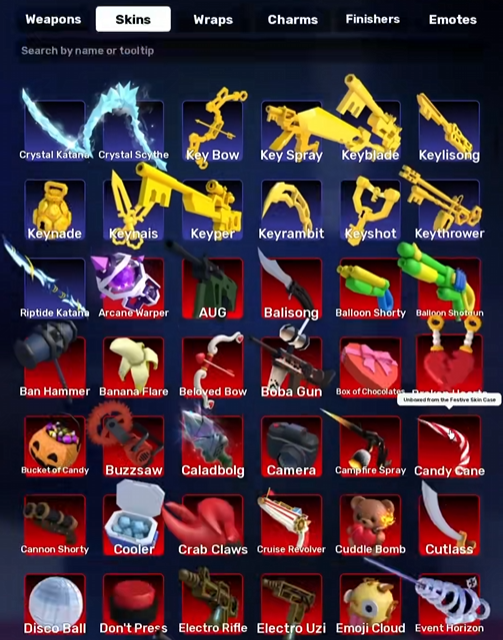 Skin collection featuring crystal blades, golden key weapons and colorful weapon cosmetics